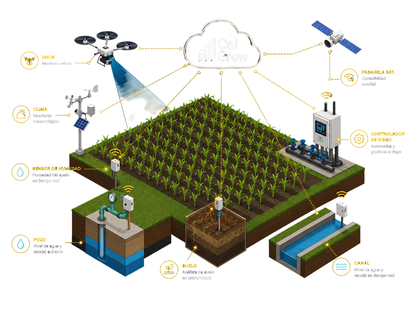 Campo conectado CalGrow con sensores, riego, clima y suelo